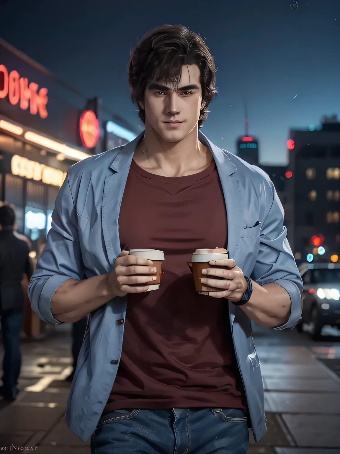 (saeba ryo city hunter ) blue suit jacket Red t-shirt, jeans, lewd smile, standing in front of a coffee shop. depth of written boundary, awesome solo, Realistic texture, Realistic Skin, Whole body, Highly detailed CG, Super detailed, extremely detailed ha...