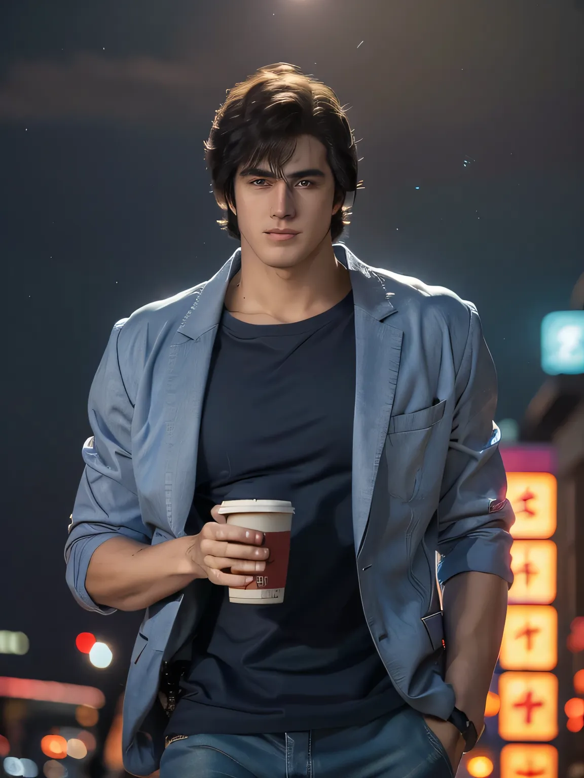 (saeba ryo city hunter ) blue suit jacket Red t-shirt, jeans, lewd smile, standing in front of a coffee shop. depth of written boundary, awesome solo, Realistic texture, Realistic Skin, Whole body, Highly detailed CG, Super detailed, extremely detailed ha...