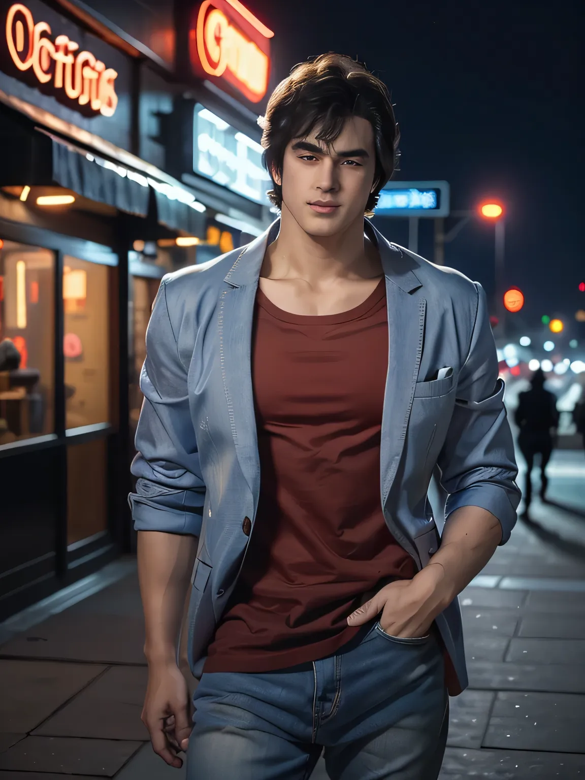 (saeba ryo city hunter ) blue suit jacket Red t-shirt, jeans, lewd smile, standing in front of a coffee shop. depth of written boundary, awesome solo, Realistic texture, Realistic Skin, Whole body, Highly detailed CG, Super detailed, extremely detailed ha...