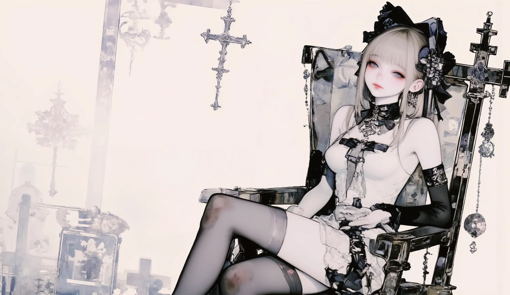 faded watercolor picture, desaturate, thin stroke, 1girl with gothic dress, intricate art work, deteiled illustration, sexy face, smile, look at me, luxury on head, sitting vampire chair, super resolution,右側に女の子
