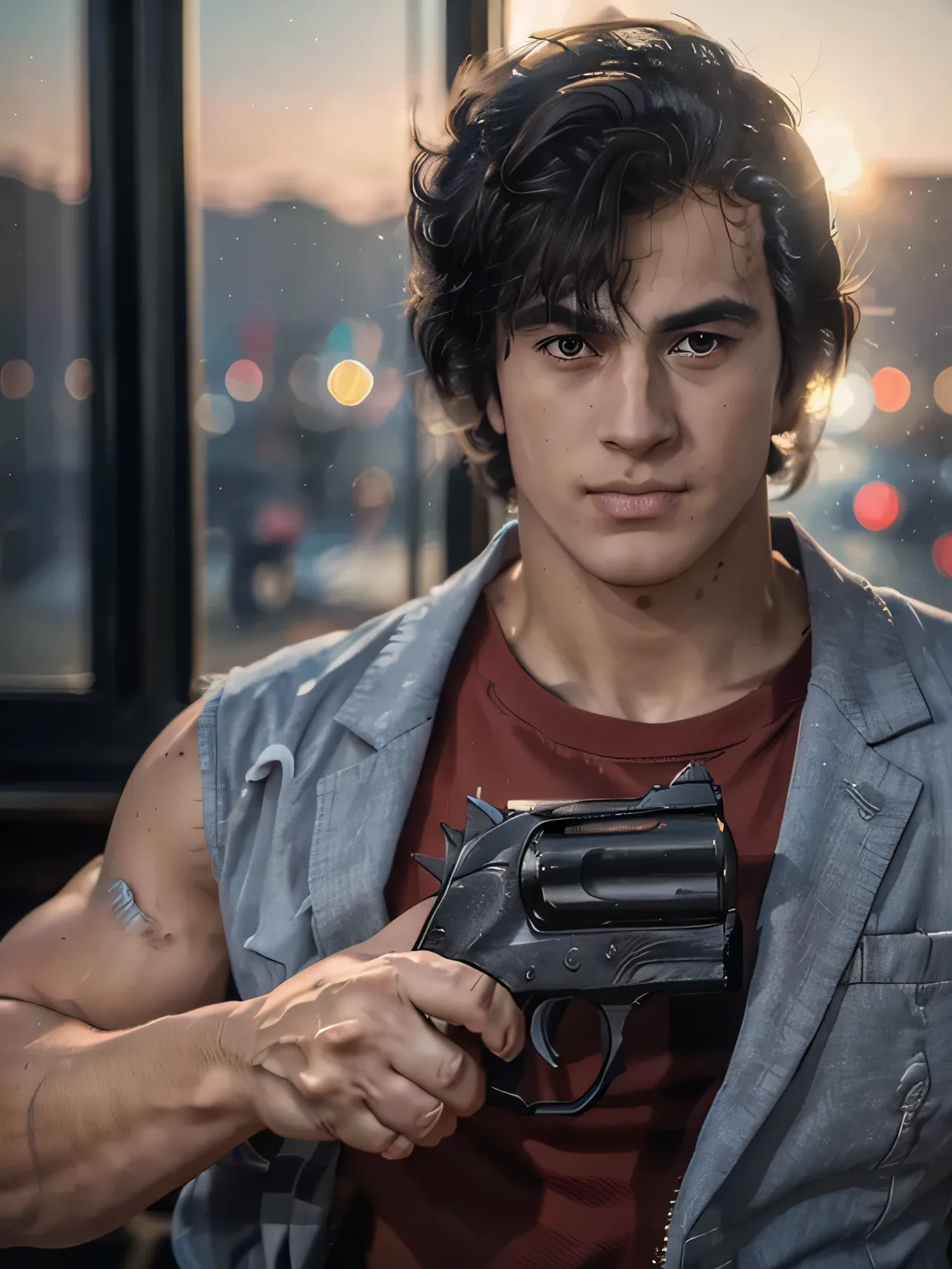 1boy, saeba ryou, city hunter, Japanes man, Handsome face,
red shirts, sleeveless, looking at viewer, v-shaped eyebrows,
standing, holding revolver gun, hand in pocket,
indoors, luxury hotel, windows, city, cowboy shot,
general, masterpiece, best qual...