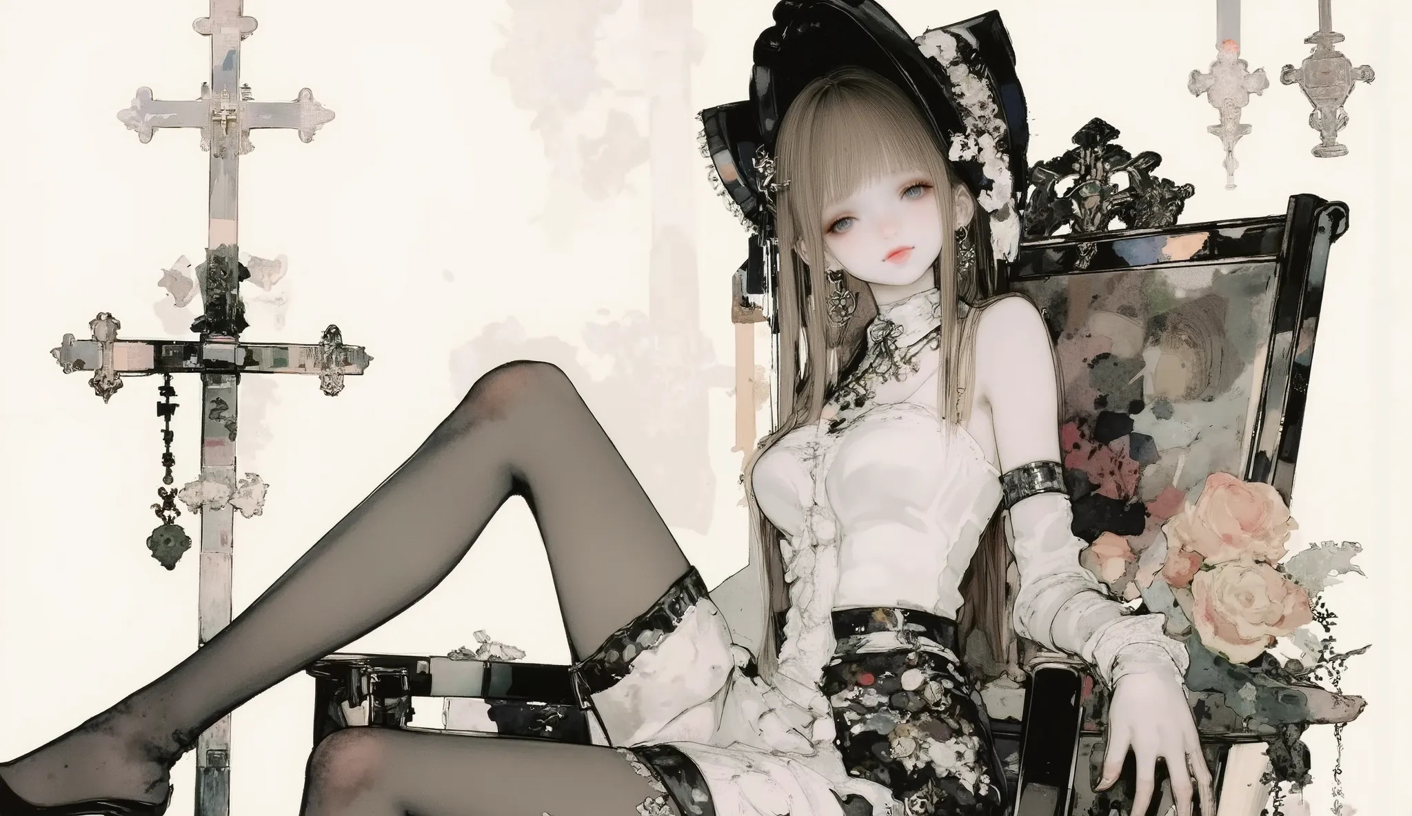 faded watercolor picture, desaturate, thin stroke, 1girl with gothic dress, intricate art work, deteiled illustration, sexy face, smile, look at me, luxury on head, sitting vampire chair, super resolution,右側に女の子
