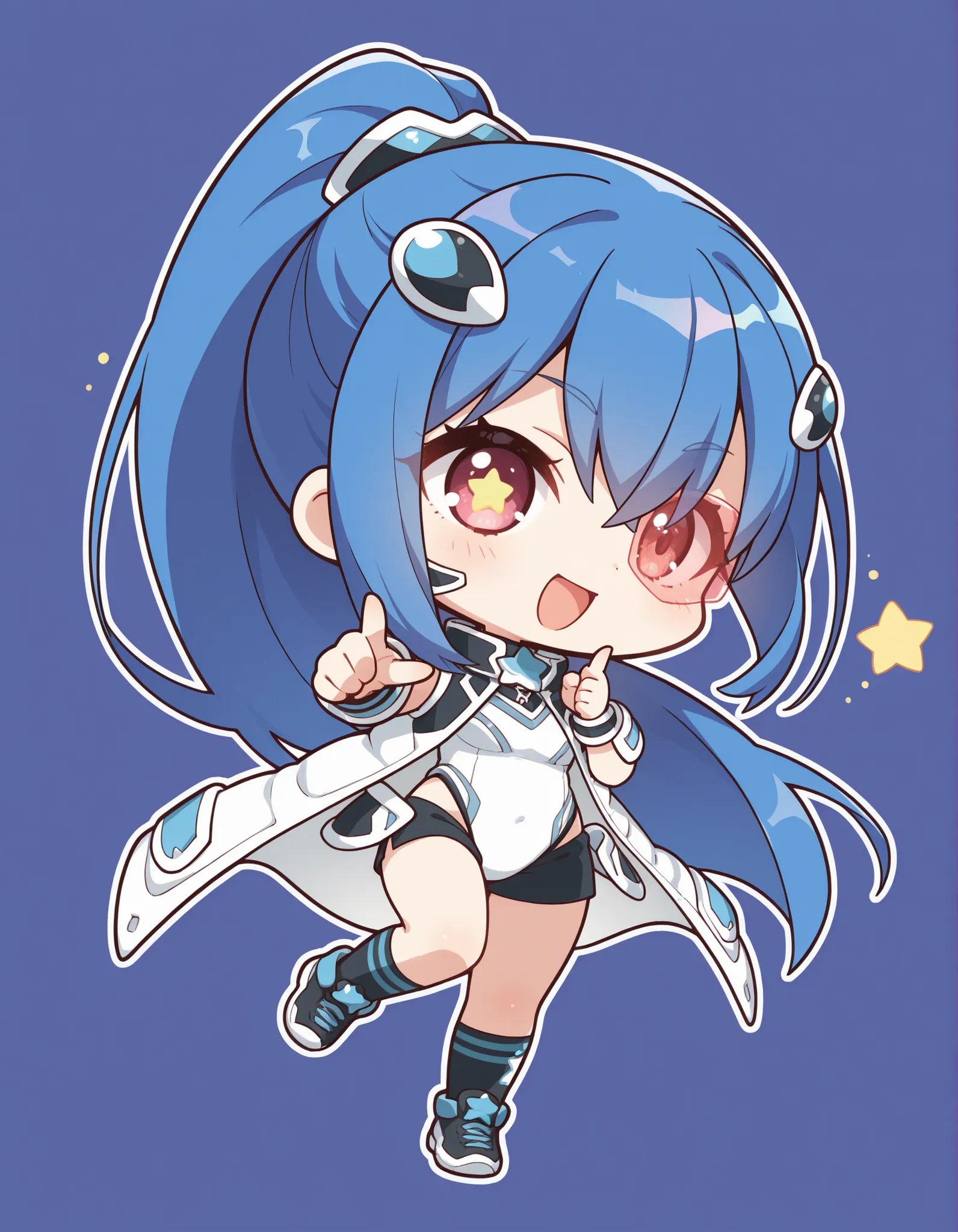 1girl, solo, open mouth, watching viewers, ponytail, smile, 

Full Body, 

black shorts, Black Socks, black sneakers, white high leg leotard, Tinted Glasses, argoStars - glorious adra, white coat,  black hair ornament , Black Hair Set ,  White Wrist Guard ...