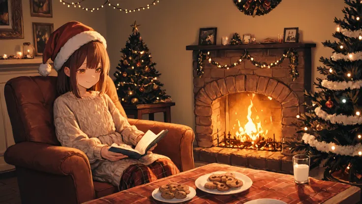 A cozy anime-style illustration of a single young woman sitting on a soft armchair near a fireplace in a dimly lit, Christmas-decorated living room. She is wrapped in a plaid blanket, wearing a casual knit dress and has a small Santa hat tilted on her head...