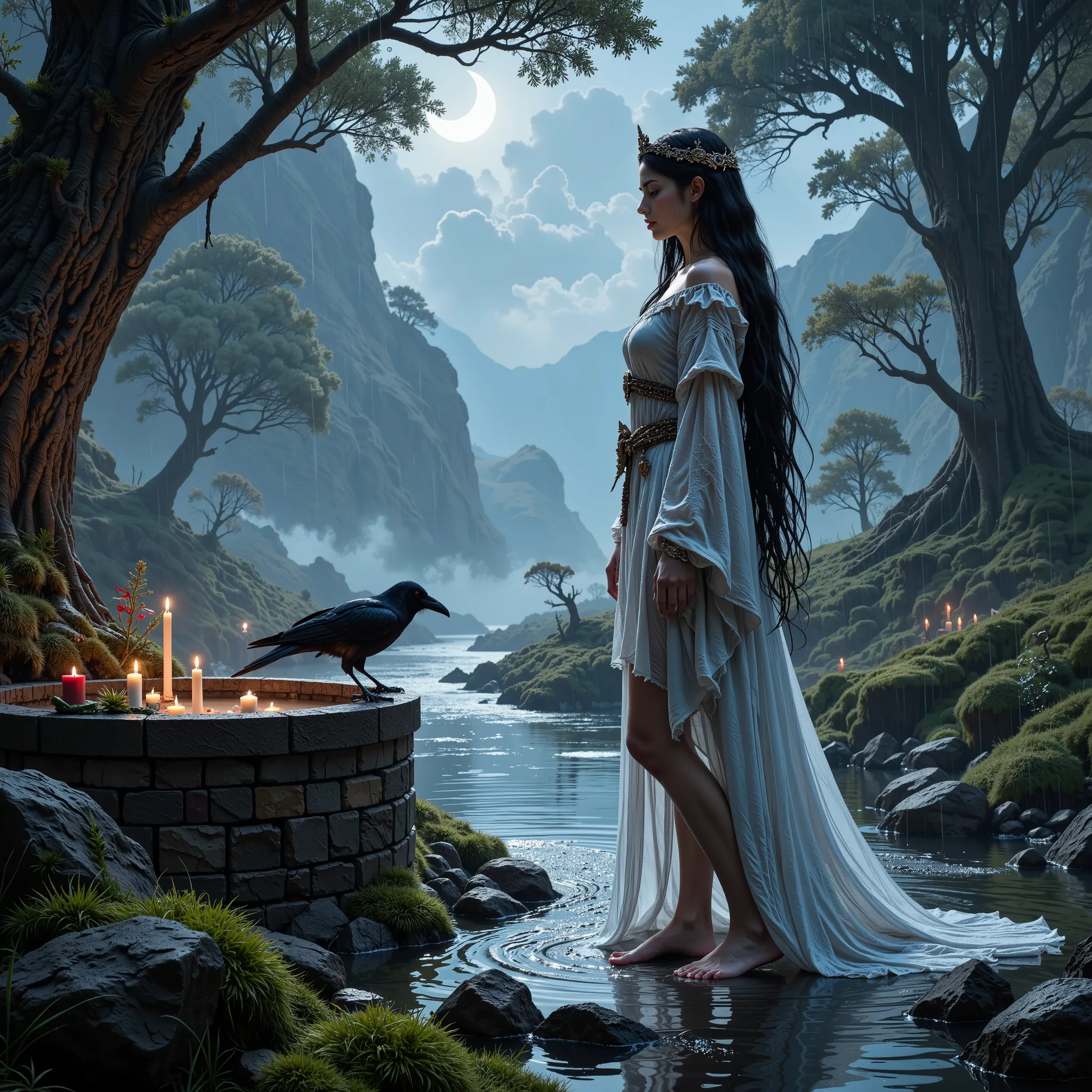 ((RAW image)), ((hyperrealistic fantasy painting)), ((8K HDR)), cinematic lighting, breathtaking mystical masterpiece of Líadan na nUiscí, Irish water goddess, standing barefoot by a sacred flowing river in a mossy, fog-covered forest at dawn, her long rip...