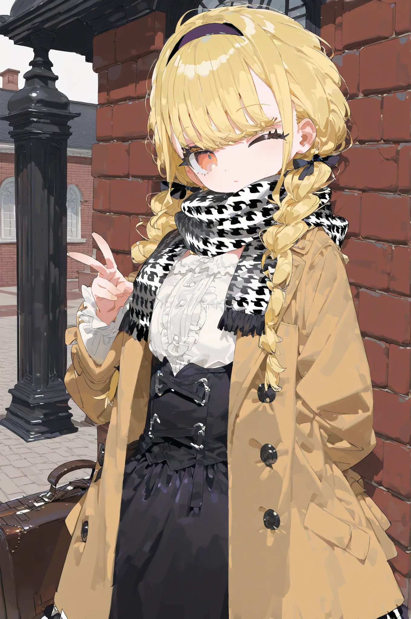 High Quality　masterpiece　Toxic Cute　1 girl　((Fujita Kotone)) voluminous eyelashes with attache case　shiny, voluminous hair　Blonde　black headband　stare at me　wink　Make a peace sign　(white blouse　houndstooth scarf　Camel coat　Black Flared Skirt)  bust up comp...