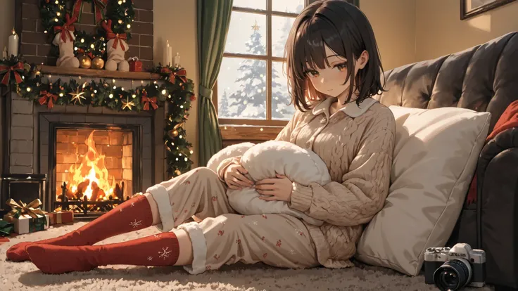 A relaxing anime-style winter scene with a young woman sitting on the floor near a fireplace, leaning slightly against a cushion. She’s holding a fluffy pillow in her lap and watching the fire with a dreamy expression. She’s dressed in cozy loungewear — a ...