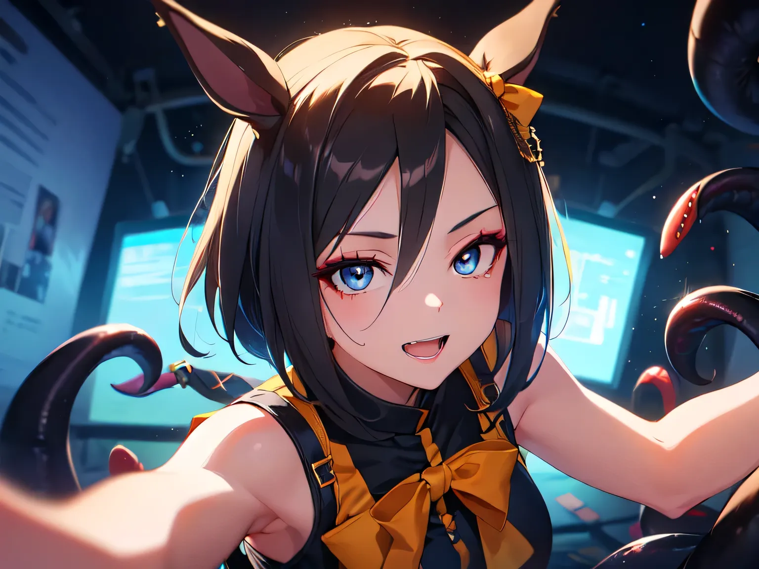 Solo, Alone. Black wall, Tentacle Hell, Thick tentacles. Girl, Horse ears, Slender. Black hair, Long fluffy hair, Ahoge, Ponytail. Slanted eyes, Blue eyes, Looking at camera, Rosy cheeks, Joyful expression. Suspenders, Jacket, Hotpants, Idol outfit. Cowgir...
