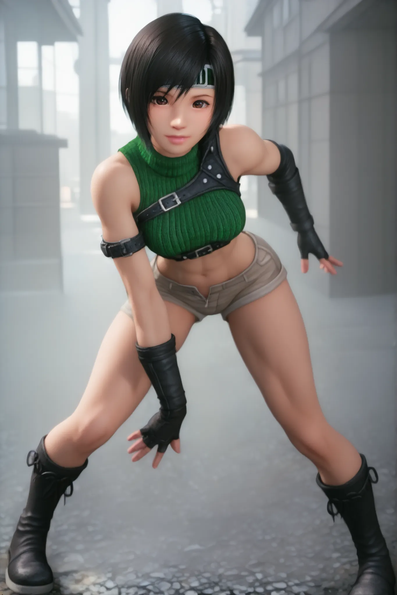 yuffie kisaragi in a dynamic pose. she is leaning forward with one leg slightly bent and the other extended backward, suggesting movement or preparation to move. 
score_9,score_8_up,score_7_up,1girl,(jrpg character:1.5), (Big eyes:0.3),bob cut,(large breas...