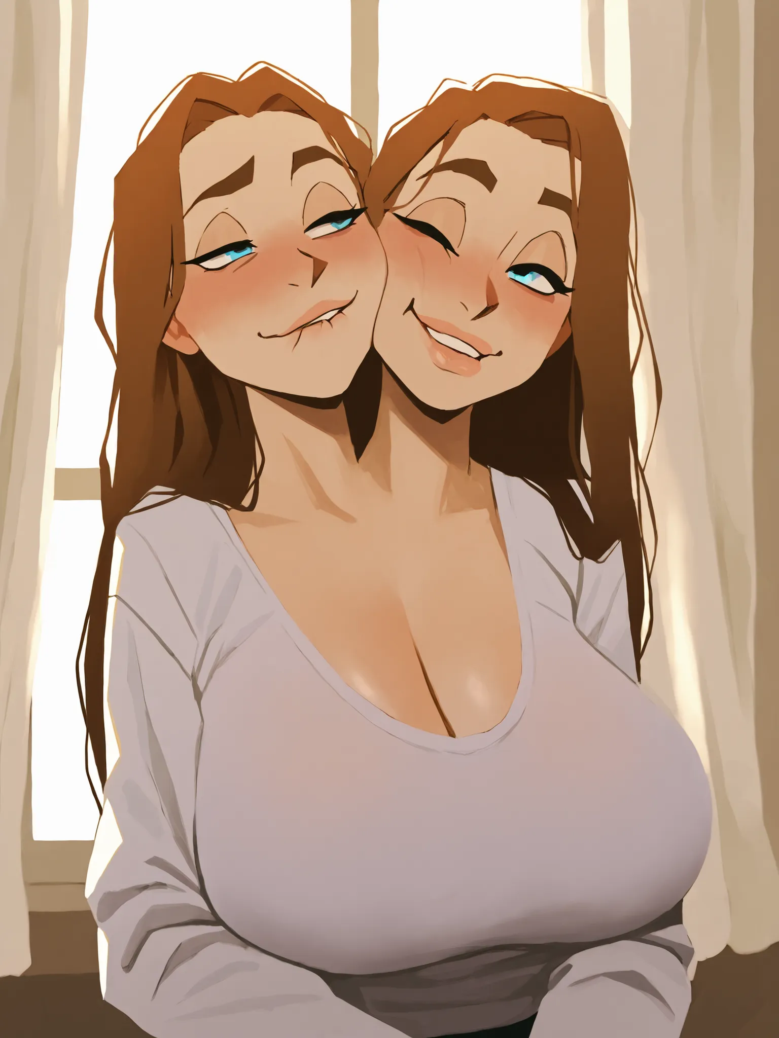 masterpiece, best quality, amazing quality, absurdres,  ICJournals, blocky, painterly, 1girl, window, light rays, long hair, curtains, indoors, brown hair, blue eyes, long sleeves, shirt, looking outside, large breasts, busty, (twoheads, 2heads), perfect l...