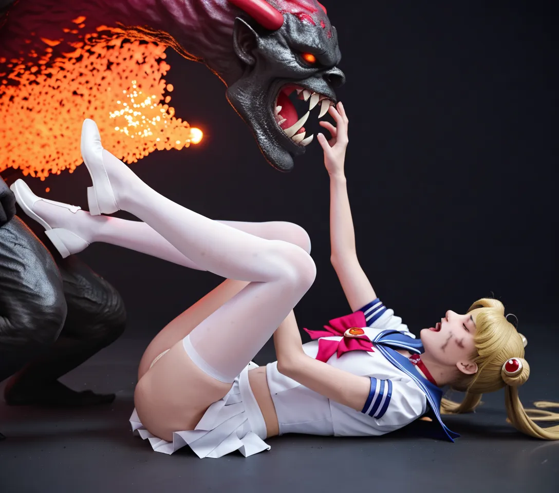 Sailor Moon is defeated from fighting with a monster, she is wearing a Sailor Moon costume, Blue sailor collar, she is wearing a very short blue mini pleated skirt, white panties, shiny beige pantyhose, Exposed thighs, big red choker, long blonde Hair, exh...