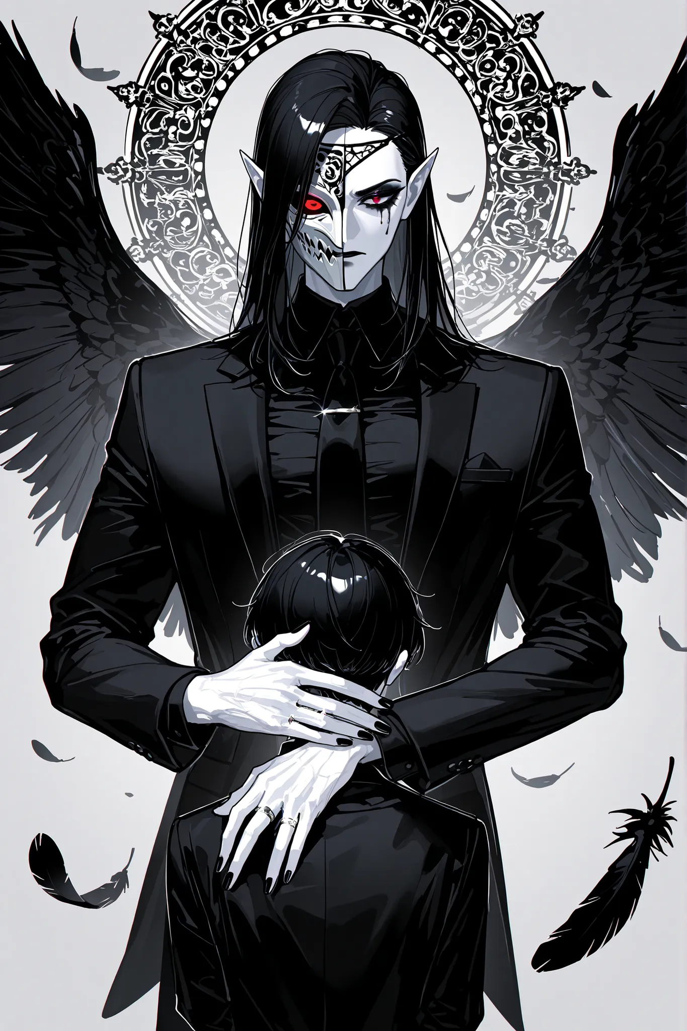 white mask,xxx667_illu,(boy character/MIDDLE AGE MAN/male bodybuilding) The crow beastman (MALE CHARACTER WITH MALE BODY TYPE). The tall mighty man broad-shouldered with masculine features. He has white skin. He has dark makeup on his face in the form of a...