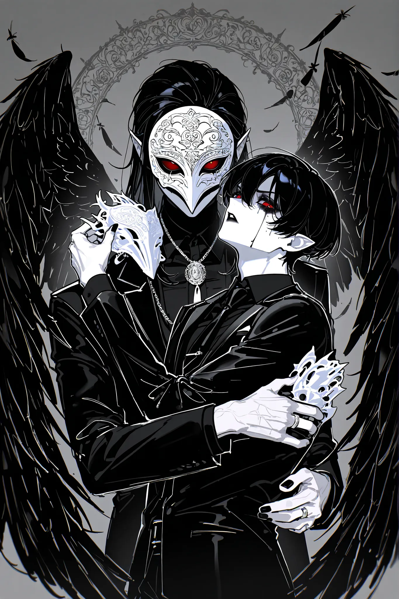 white mask,xxx667_illu,(boy character/MIDDLE AGE MAN/male bodybuilding) The crow beastman (MALE CHARACTER WITH MALE BODY TYPE). The tall mighty man broad-shouldered with masculine features. He has white skin. He has dark makeup on his face in the form of a...