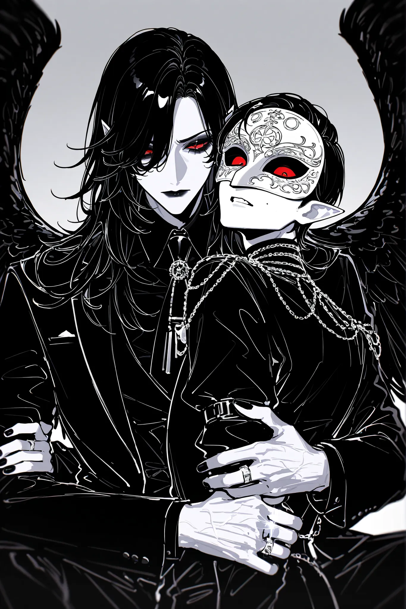 white mask,xxx667_illu,(boy character/MIDDLE AGE MAN/male bodybuilding) The crow beastman (MALE CHARACTER WITH MALE BODY TYPE). The tall mighty man broad-shouldered with masculine features. He has white skin. He has dark makeup on his face in the form of a...