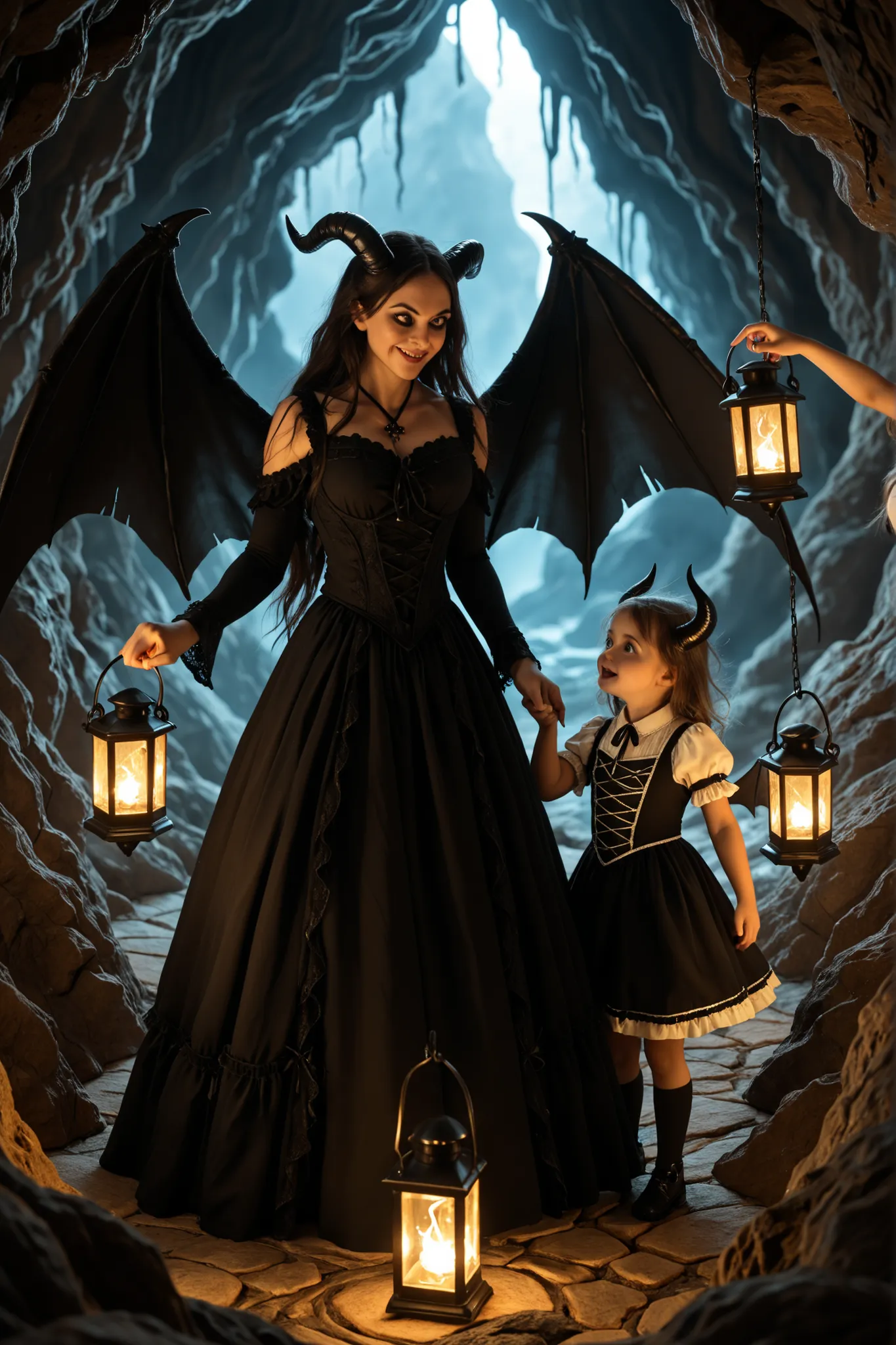 Mother and daughter have devil's tails, A whimsical scene of a demon mother training her mischievous young daughter in magic. The mother, elegant and intimidating, wears a detailed gothic outfit with horns and dark wings, casting spells with graceful preci...