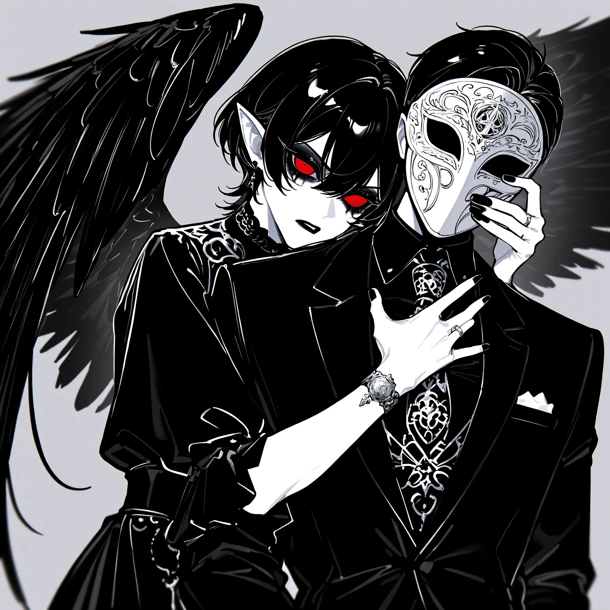 (white mask,xxx667_illu,) The crow beastman (MALE CHARACTER WITH MALE BODY TYPE). The tall mighty MIDDLE AGE MAN broad-shouldered with masculine features. He has white skin. He has dark makeup on his face in the form of a stripe in the eye area.  He has sh...