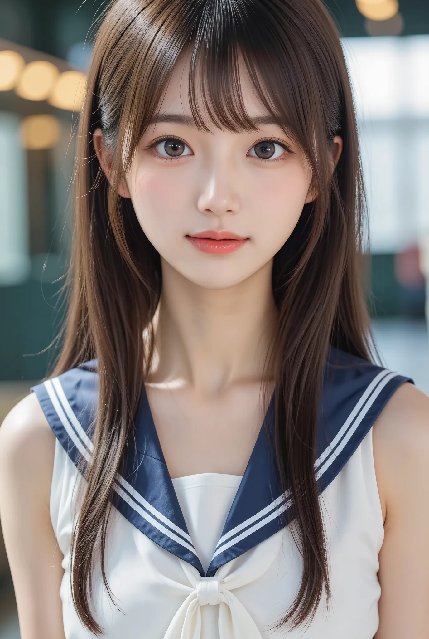 ((masterpiece, top quality, top quality, High precision in selection, photorealistic, raw photos, Highly Detailed CG Synthesis 8K Wallpaper)), 1 , solo, BEAUTIFUL YOUNG WOMAN, 18 years old, Real Skin Textures, shiny skin, (( Sailor school uniform)), ((Per...