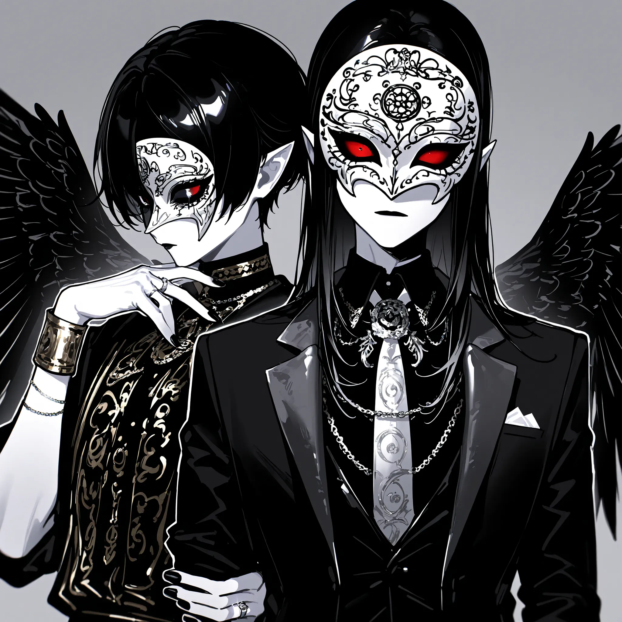 (white mask,xxx667_illu,) The crow beastman (MALE CHARACTER WITH MALE BODY TYPE). The tall mighty MIDDLE AGE MAN broad-shouldered with masculine features. He has white skin. He has dark makeup on his face in the form of a stripe in the eye area.  He has sh...