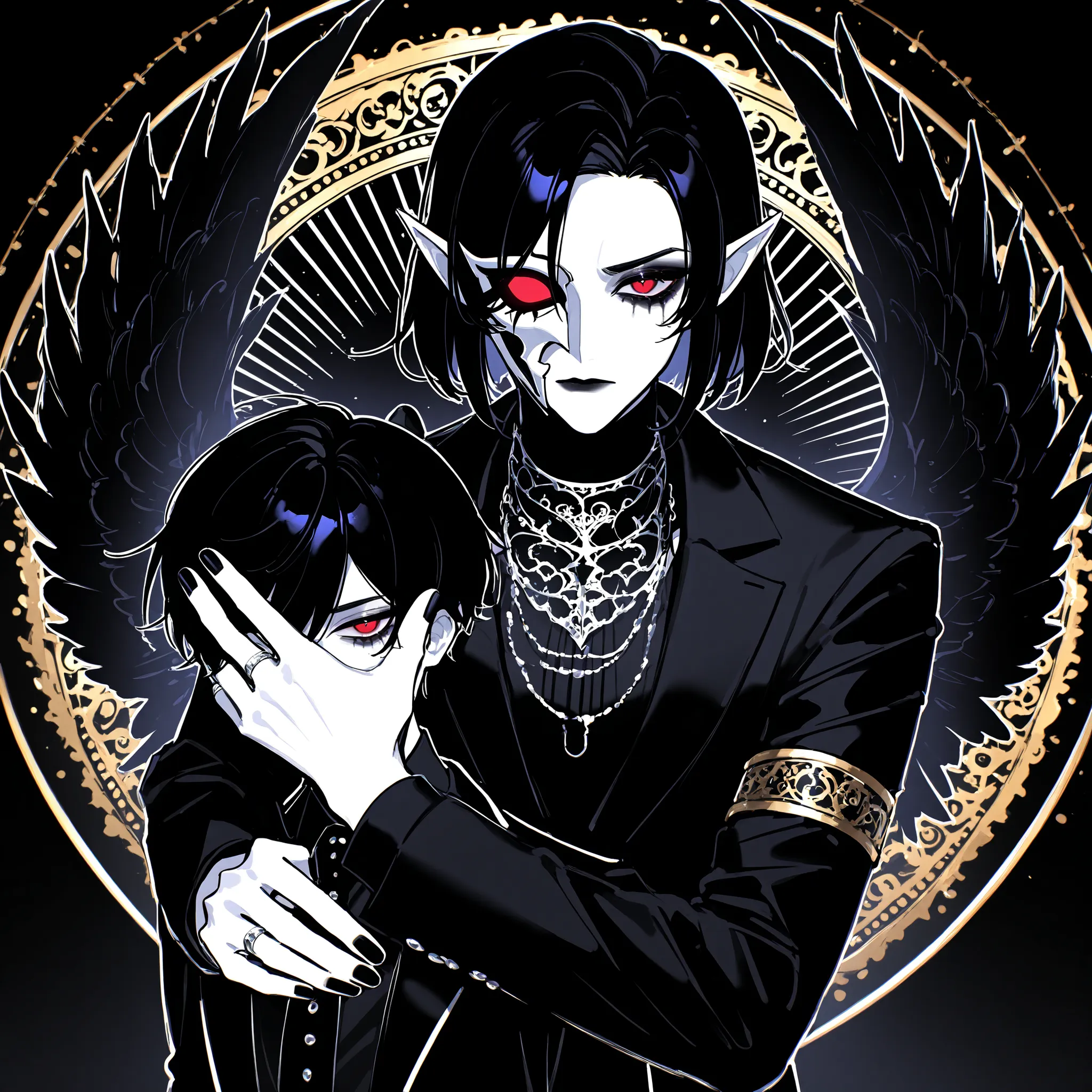 (white mask,xxx667_illu,) The crow beastman (MALE CHARACTER WITH MALE BODY TYPE). The tall mighty MIDDLE AGE MAN broad-shouldered with masculine features. He has white skin. He has dark makeup on his face in the form of a stripe in the eye area.  He has sh...
