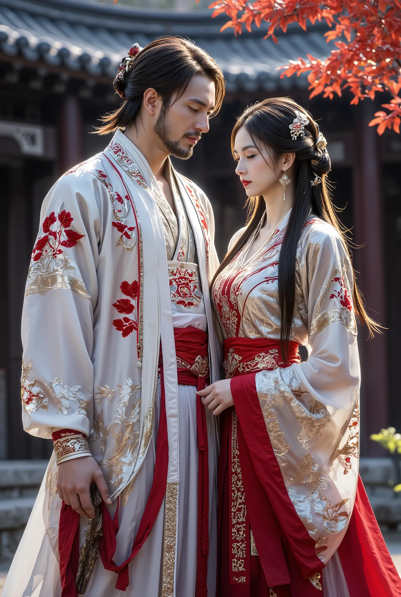A handsome guy and a beautiful woman，the clothes are gorgeous，Elegant，in an ancient Chinese courtyard，Perfect face，perfect hand，traditional Chinese clothing，traditional Chinese architecture，