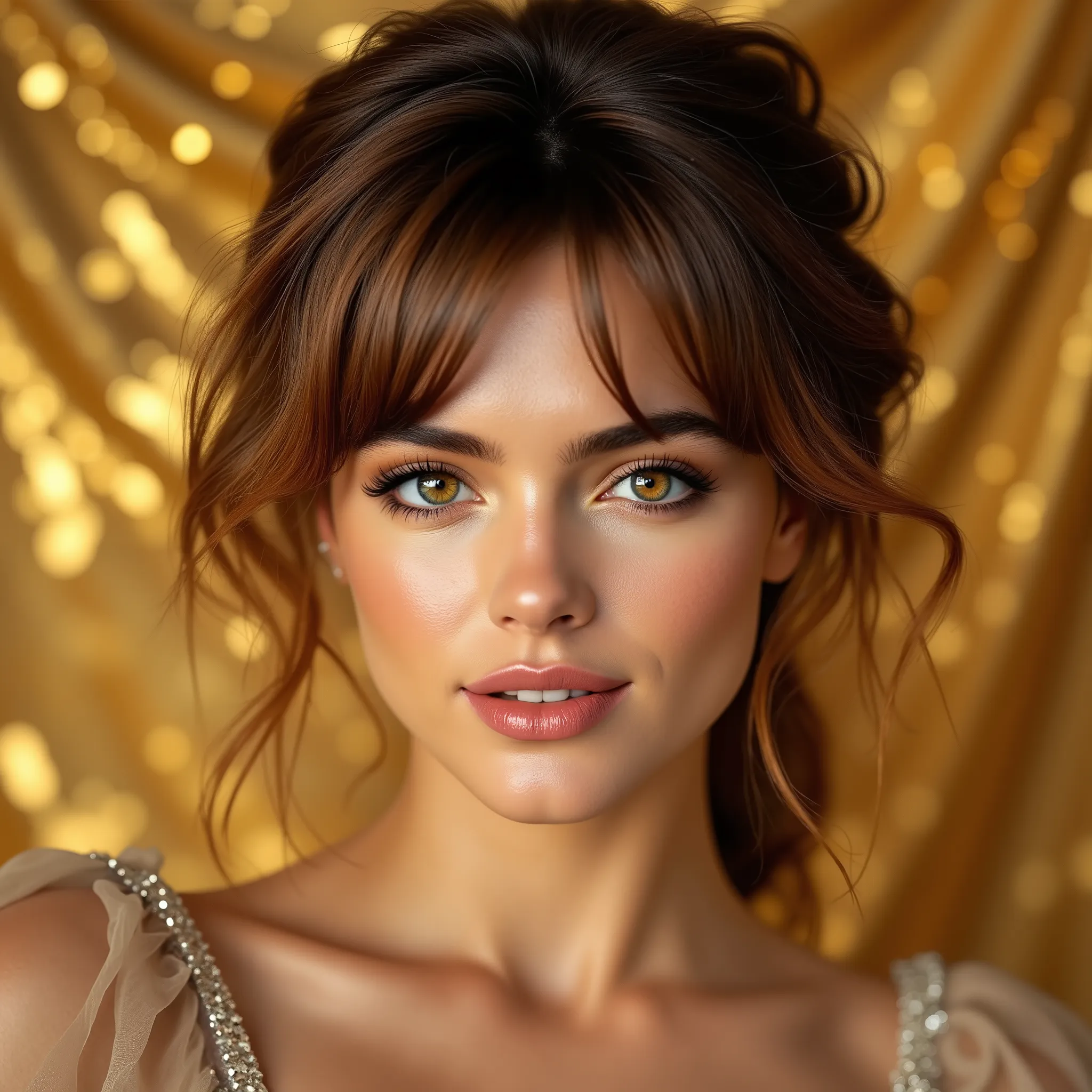 Leah Ray, a glamorous woman with tousled waves and a flirtatious smile, set against a luxurious, opulent gold backdrop, adorned with fractal patterns.