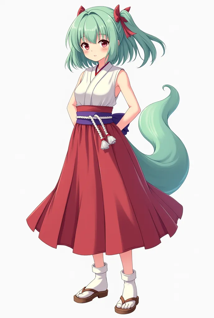 17-year-old girl with light green hair and moss blue reclining tail,  pink eyes, wears white sleeveless hakama shirt, , purple obi belt with white cord and red hakama skirt, white socks and sandals (full body anime)