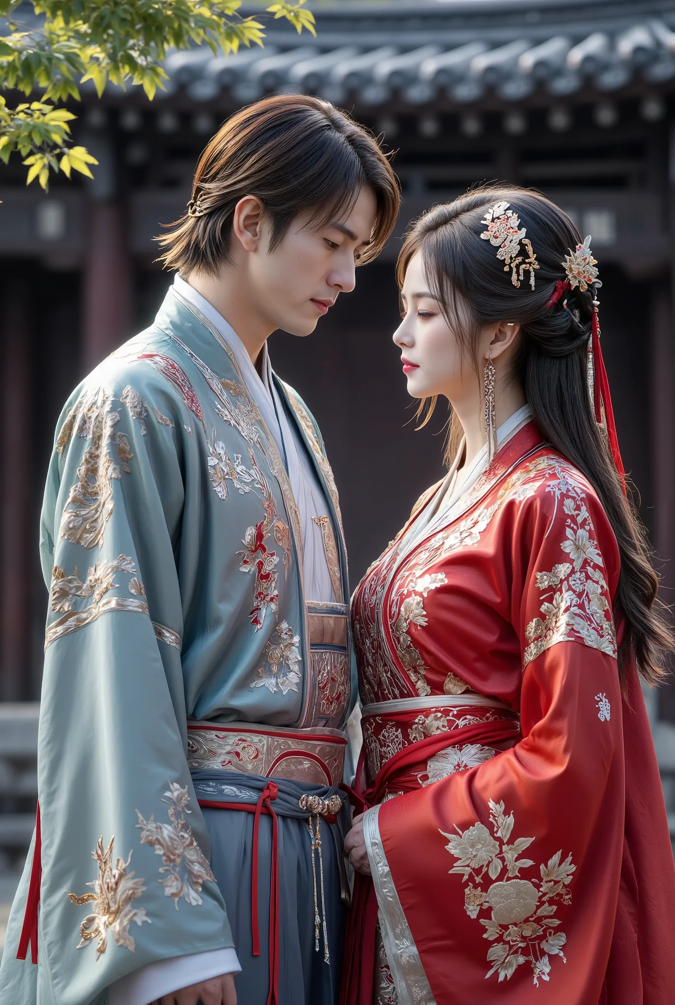 A handsome guy and a beautiful woman，the clothes are gorgeous，Elegant，in an ancient Chinese courtyard，Perfect face，perfect hand，traditional Chinese clothing，traditional Chinese architecture，