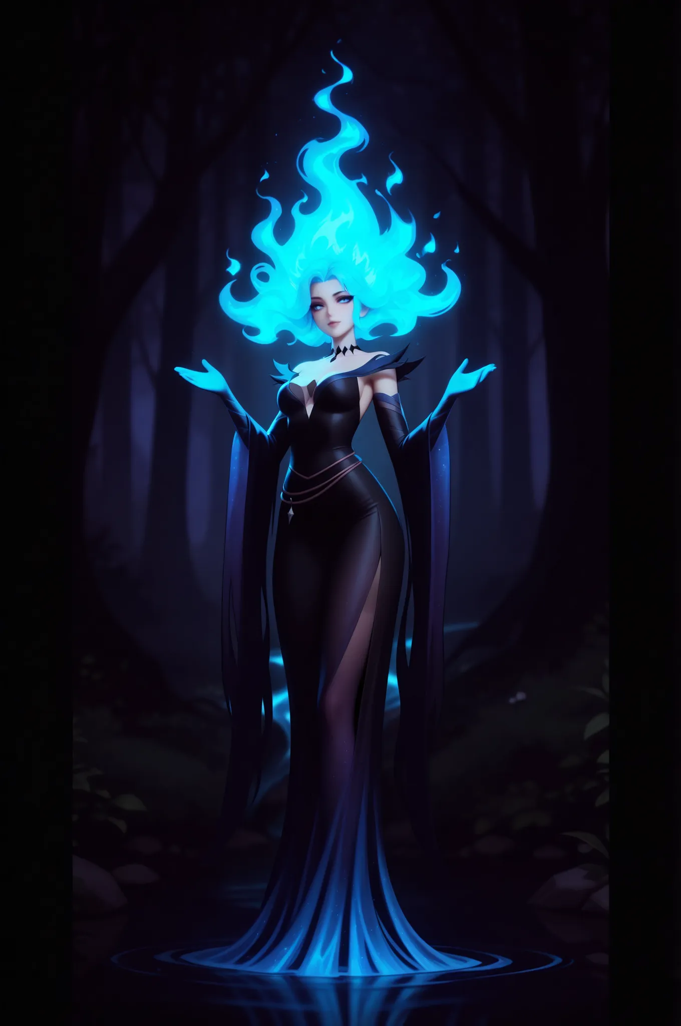 the dark sorceress, fiery stream, magic forest, graceful movements,
