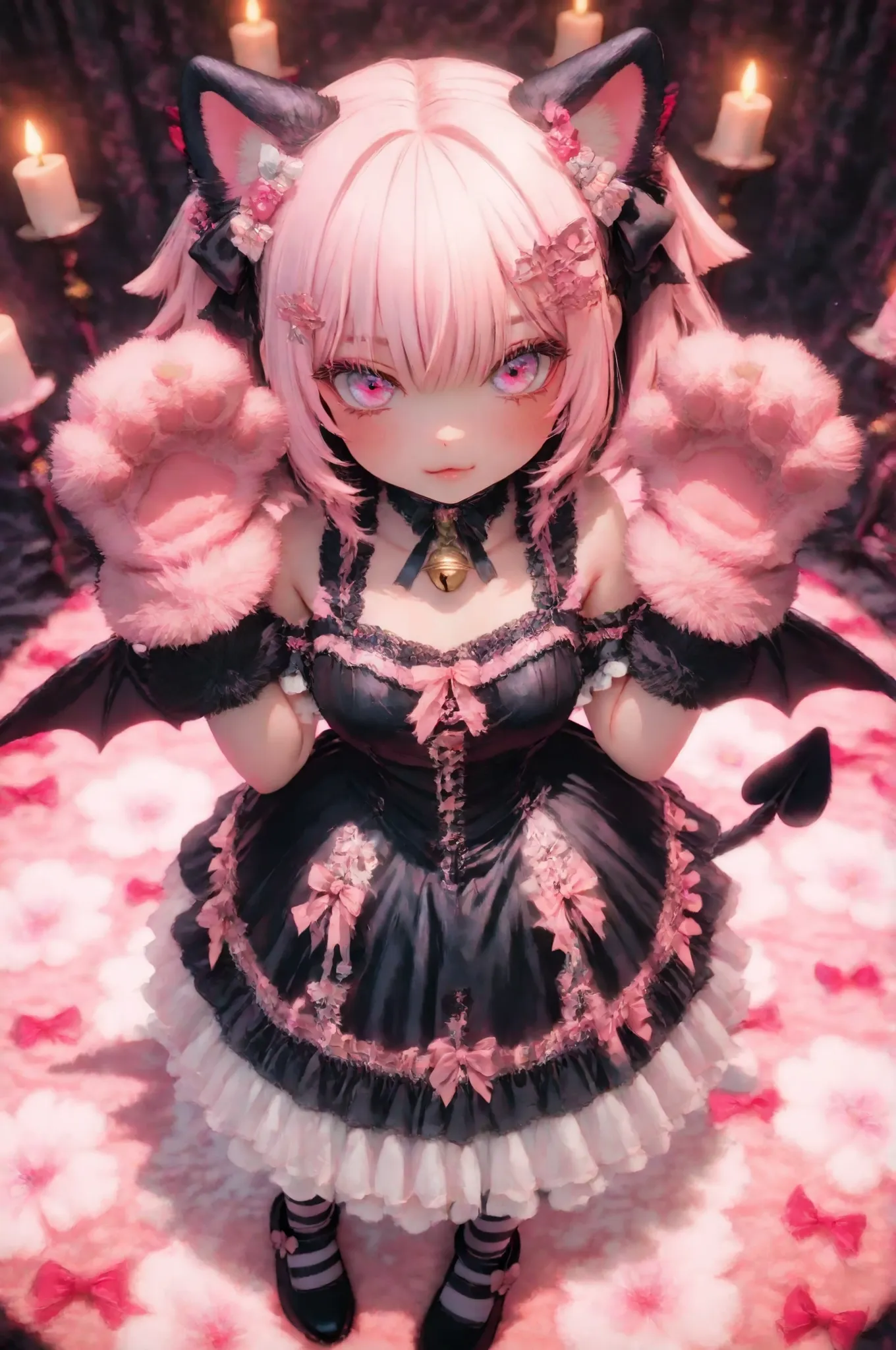 (viewed from above,strong perspective:1.4),Super cute cat devil girl with red inner ears and black devil's horns and pink bow decoration,devil woman,(black devil's wings and tail),large expressive anime-style eyes on the costume head, fluffy pink fur glove...