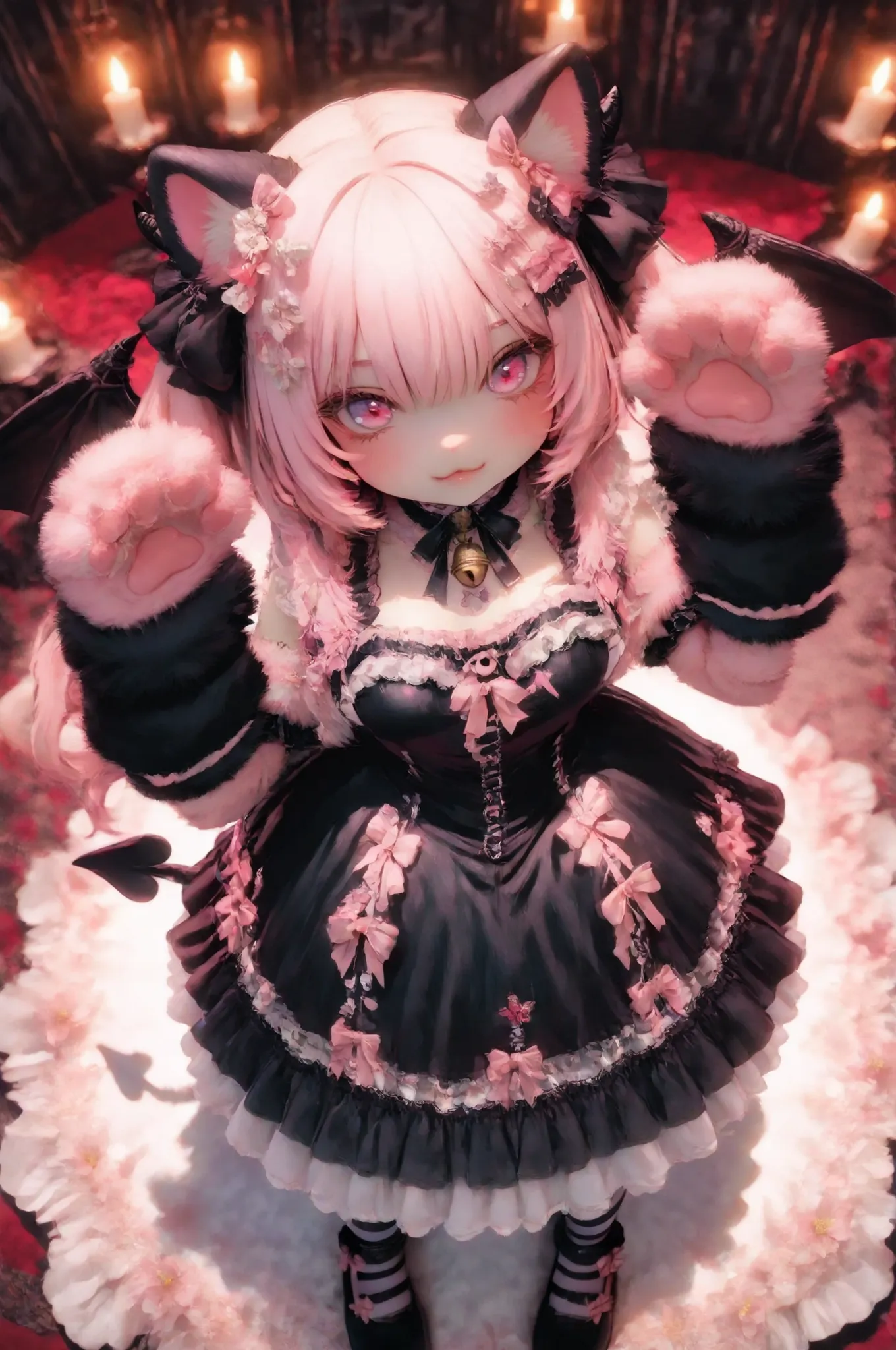 (viewed from above,strong perspective:1.4),Super cute cat devil girl with red inner ears and black devil's horns and pink bow decoration,devil woman,(black devil's wings and tail),large expressive anime-style eyes on the costume head, fluffy pink fur glove...
