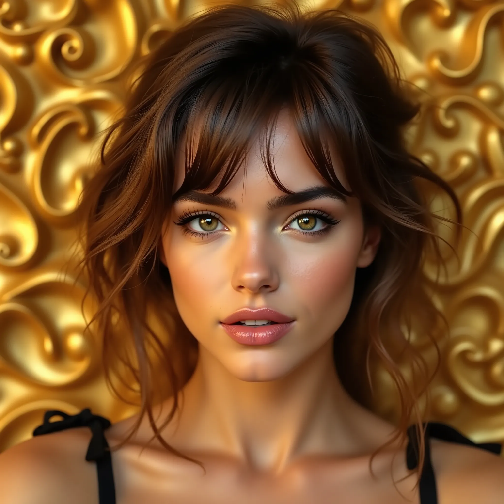 Leah Ray, a glamorous woman with tousled waves and a flirtatious smile, bangs, set against a luxurious, opulent gold backdrop, adorned with fractal patterns.