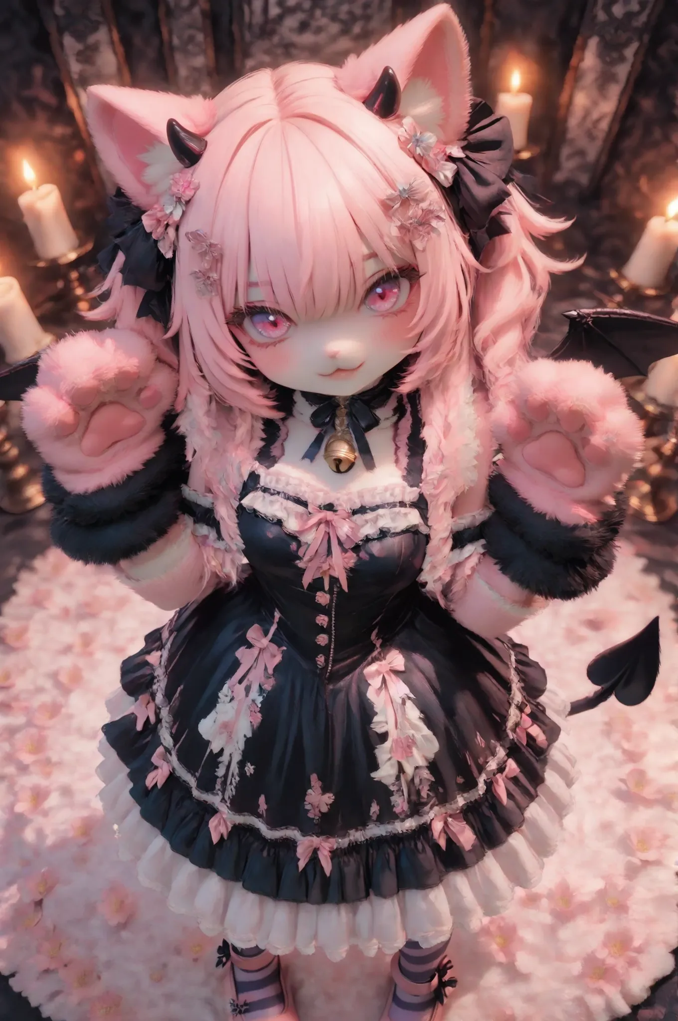 (viewed from above,strong perspective:1.2),Super cute cat devil girl with red inner ears and black devil's horns and pink bow decoration,devil woman,devil's black wings and tail,,furry Suits large expressive anime-style eyes on the costume head, fluffy pin...