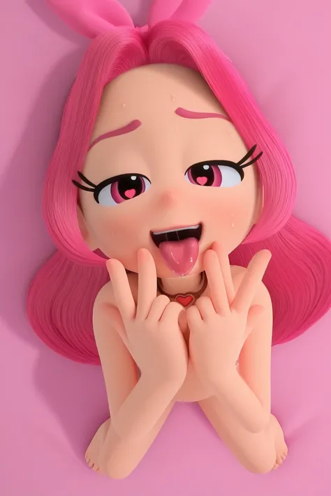 explicit, Red_Ruby, 1 female, alone, light skin, young, chest puffed out, pink eyes, long hair, pink hair, pink headband, pink headband, full body nude, red necklace, looking at the audience, making a heart with fingers, slight smile at the audience, tongue sticking out, saliva flowing on the tongue, naughty pose, lying down, in bed, with an exhausted face, sweating,