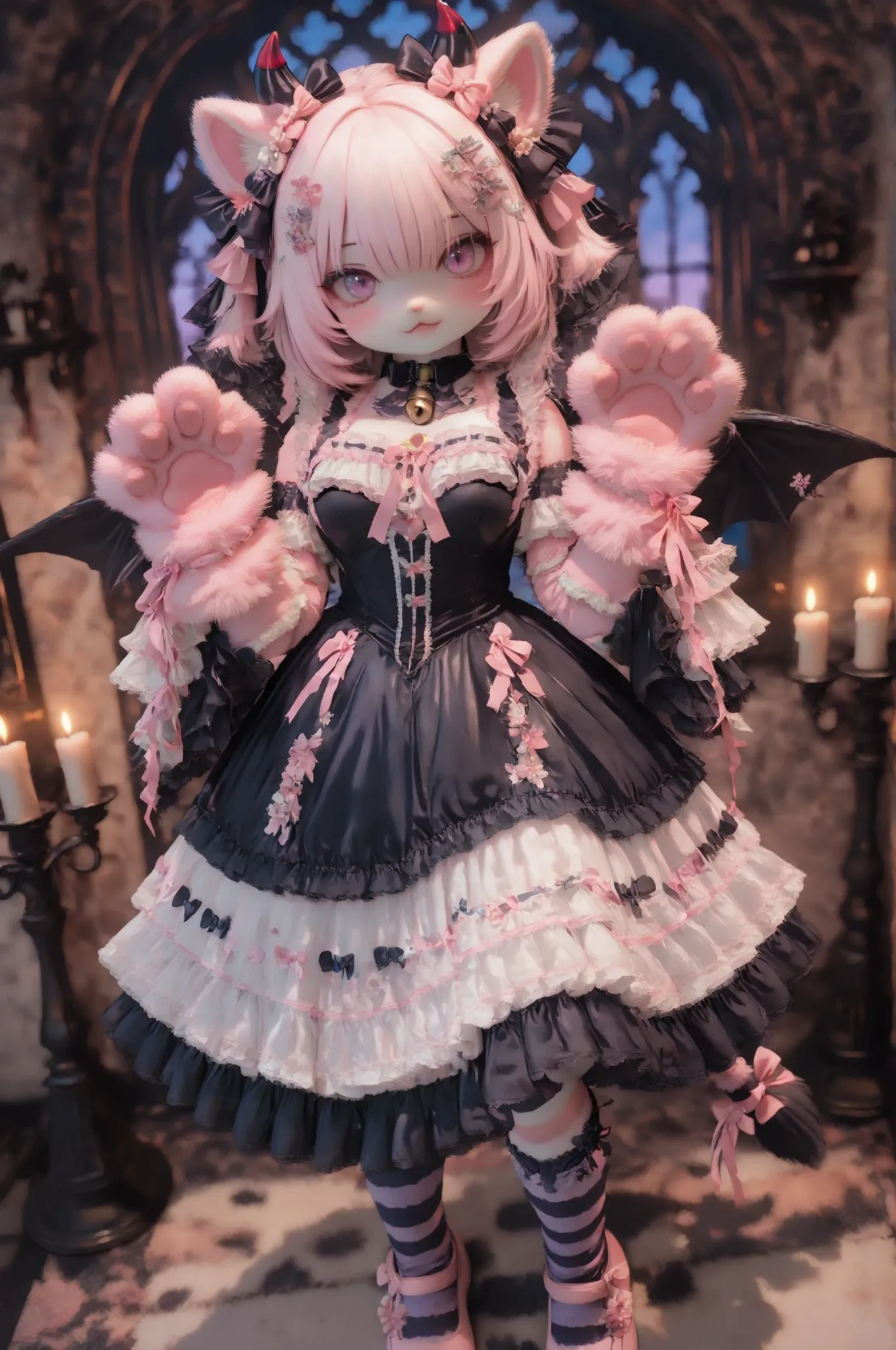 (,strong perspective),Super cute cat devil girl with red inner ears black devil's horns and pink bow decoration,devil woman,devil's black wings and tail,,furry Suits large expressive anime-style eyes on the costume head, fluffy pink  fur gloves with pink p...