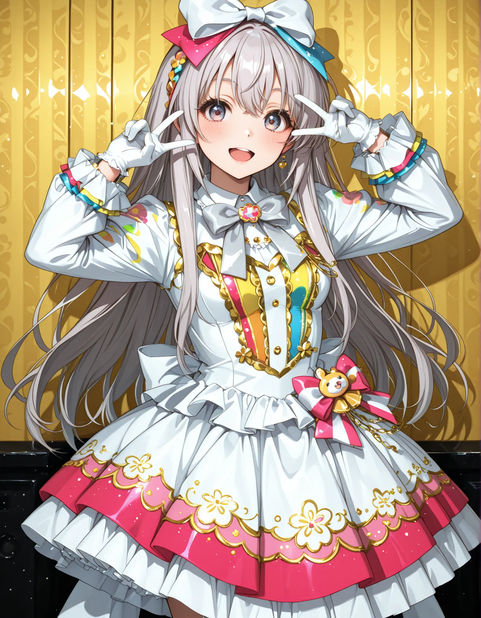 cute idol in a colorful costume, colorful mini dress,Long sleeve bolero ， pink gray hair,very large and voluminous bow tie,white lolita gloves,Look over here and laugh ,cute dynamic Bose，speaks to viewers，with a big ribbon on the head，colorful stages