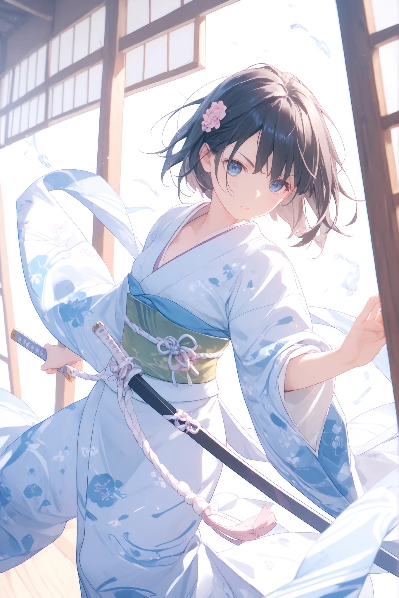 big boobs、 kimono、adults、Has a naginata、long black hair、Legs can be seen through the vertical narrow open chest、Pull the Japanese sword out of its scabbard、swinging a Japanese sword