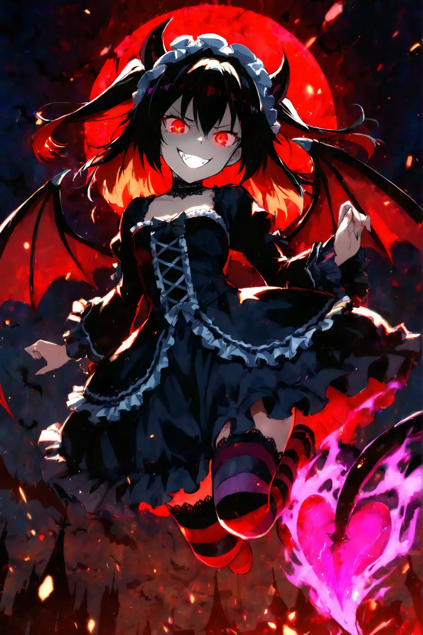 masterpiece, best quality, amazing quality, aesthetic, highres, beautiful lighting, solo, little devil girl, impish expression, small black horns, bat wings, sharp fangs, tail with heart tip, red glowing eyes, gothic lolita outfit, black frilly dress, stri...