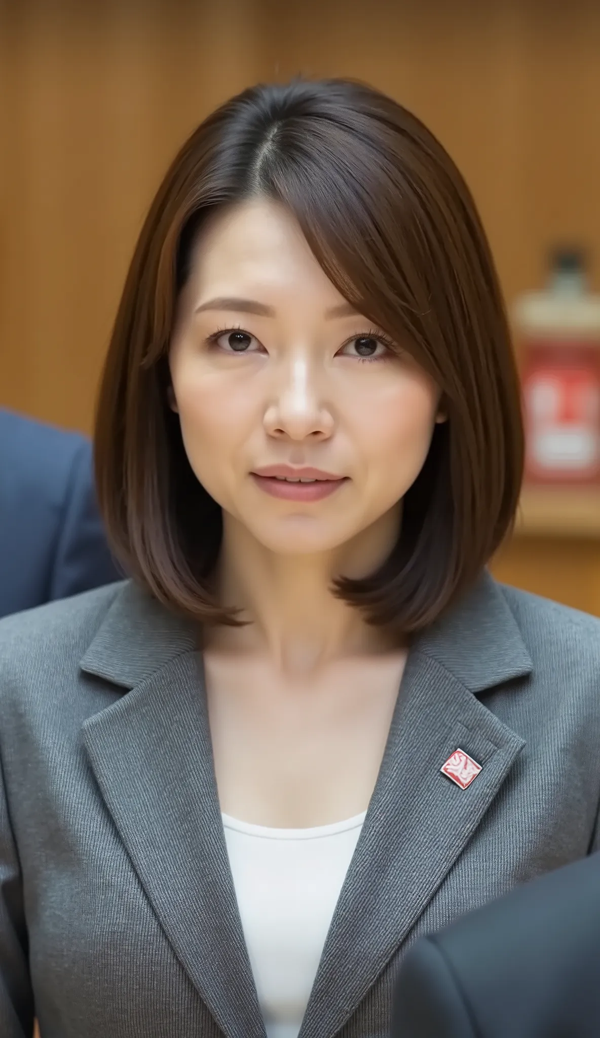 nsfw、From front、Japanese in a グレーcollarless suit、カメラ目線、45-year-old female minister、A-line bob(angled bob・inverted bob)、during regular press conference、(bust up shot:1.5)、、sexy expression。