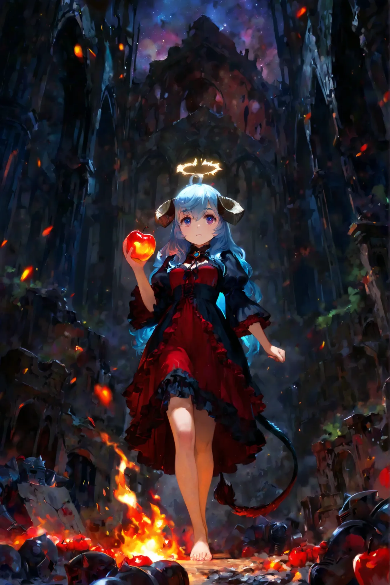 masterpiece, best quality, amazing quality, digital painting, fantasy art, rich brushwork, oil painting texture, little demoness, black and red color palette, flowy dark dress, bare feet, cracked halo, holding a burning apple, mischievous gaze, horns curle...