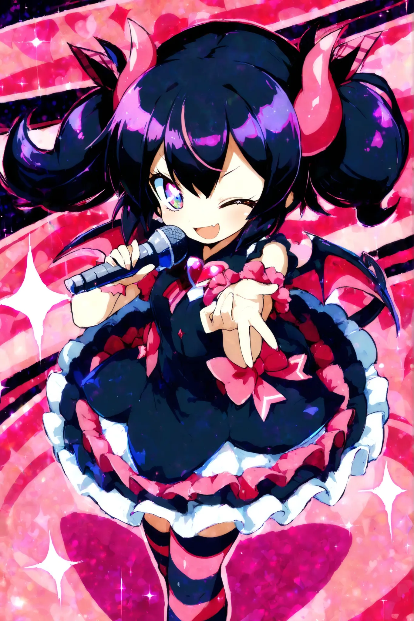 masterpiece, best quality, pastel aesthetic, vibrant, highly detailed eyes, ultra cute little devil girl, chibi horns, tiny bat wings, short frilly idol dress, pink and black theme, striped thighhighs, playful wink, dynamic pose, hearts and sparkles, holdi...