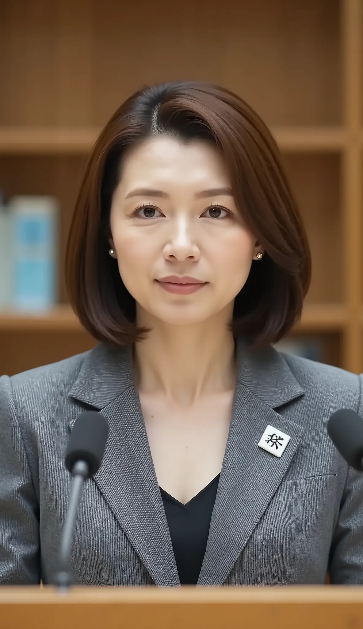 nsfw、From front、Japanese in a グレーcollarless suit、カメラ目線、45-year-old female minister、A-line bob(angled bob・inverted bob)、during regular press conference、(bust up shot:1.5)、、sexy expression。
