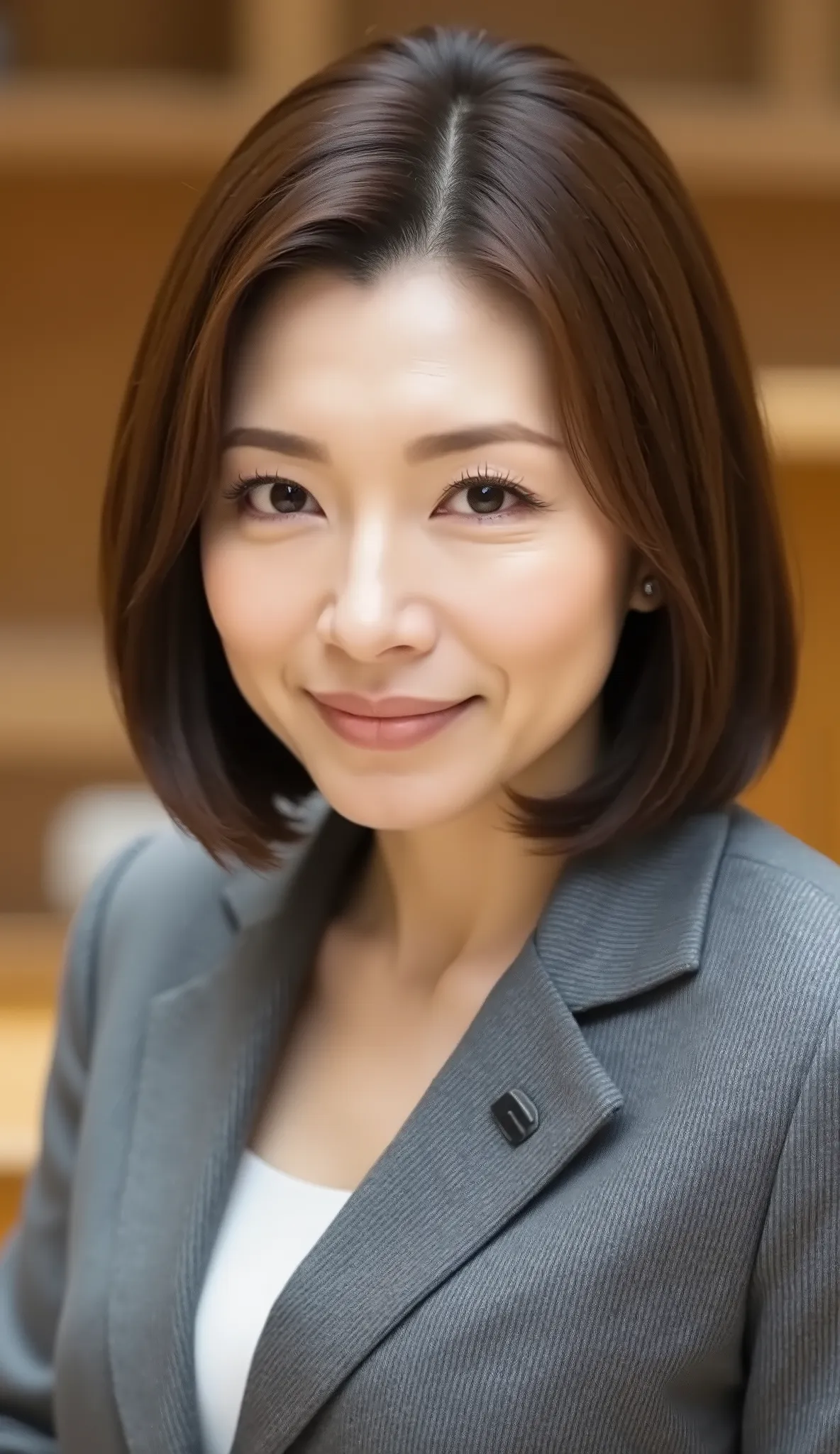 nsfw、From front、Japanese in a グレーcollarless suit、カメラ目線、45-year-old female minister、A-line bob(angled bob・inverted bob)、during regular press conference、(bust up shot:1.5)、、sexy expression。