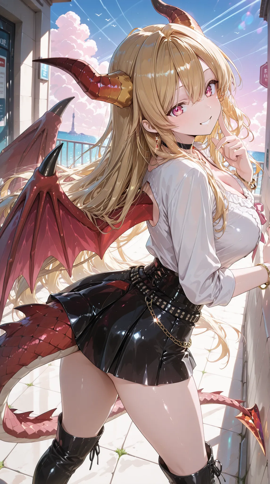 Dragon Yar,dragon horn,Dragon Wings,do、Dragon Tail,Casual Wear,miniskirt,boots(smiling face,)(gold hair,very long hair)((turn your body forward))(Background,beautiful sky)(High Quality,4K,High Quality)