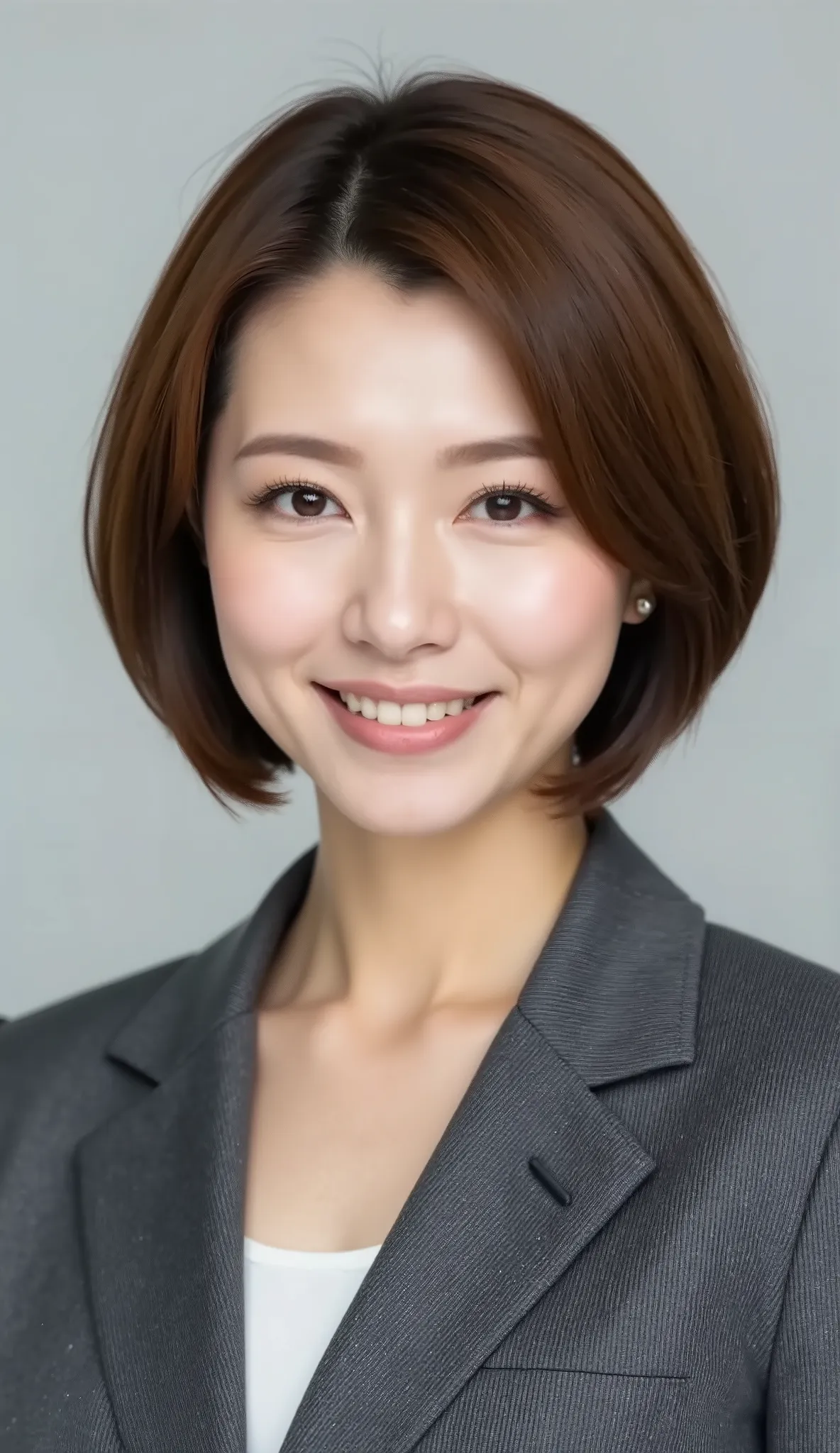 nsfw、From front、Japanese in a グレーcollarless suit、カメラ目線、25-year-old female minister、A-line bob(angled bob・inverted bob)、during regular press conference、(bust up shot:1.5)、、sexy expression。