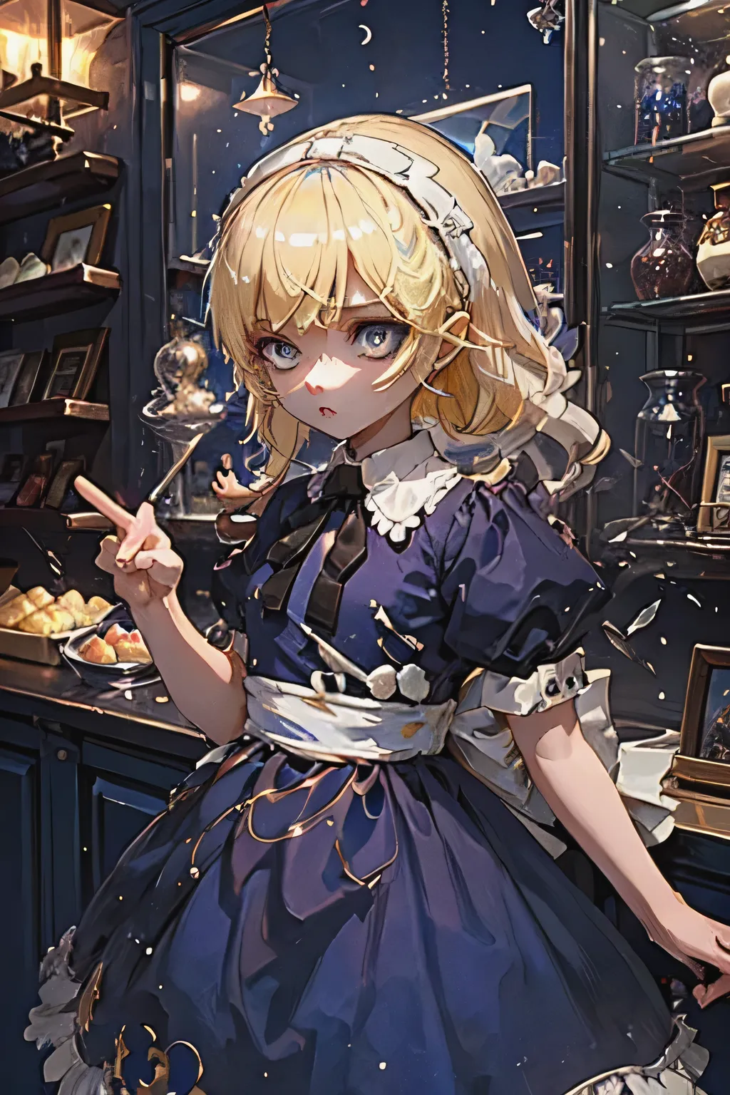 A young girl with blonde hair and bright blue eyes, wearing a charming navy blue and white combination dress and a simple white hairband, in a candy shop with a glass display case overflowing with a variety of sugary treats and shelves overflowing with var...