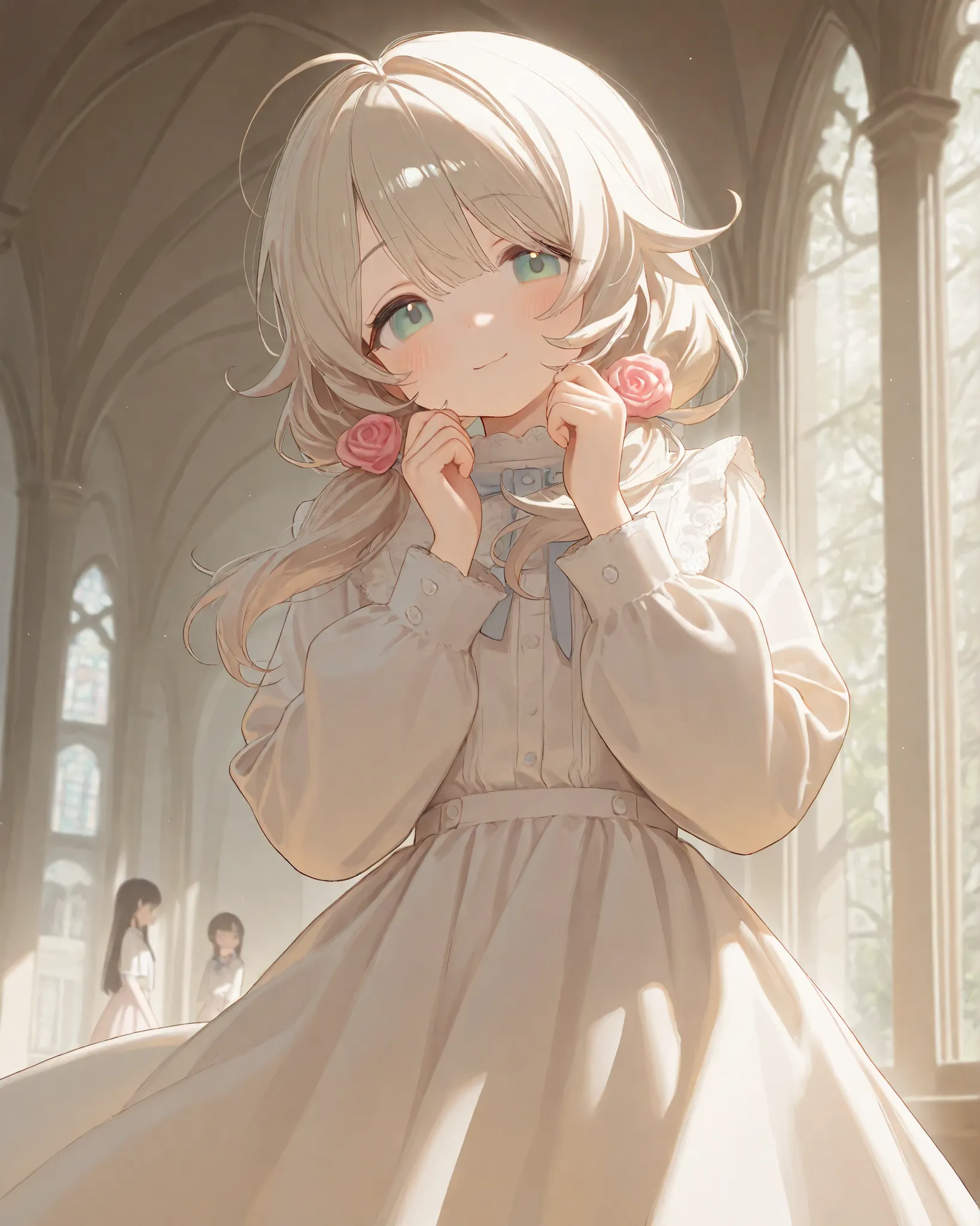 girls , yusa kozue、High Quality, masterpiece, 4K, 8k, High Definition, , High Definition, 超High Definition, ,,natural light,、Mellow、 、Embarrassing、upper body up、 looked over here 、、、、white blouse、skirt、church、、I held a pink rose、Smiled、