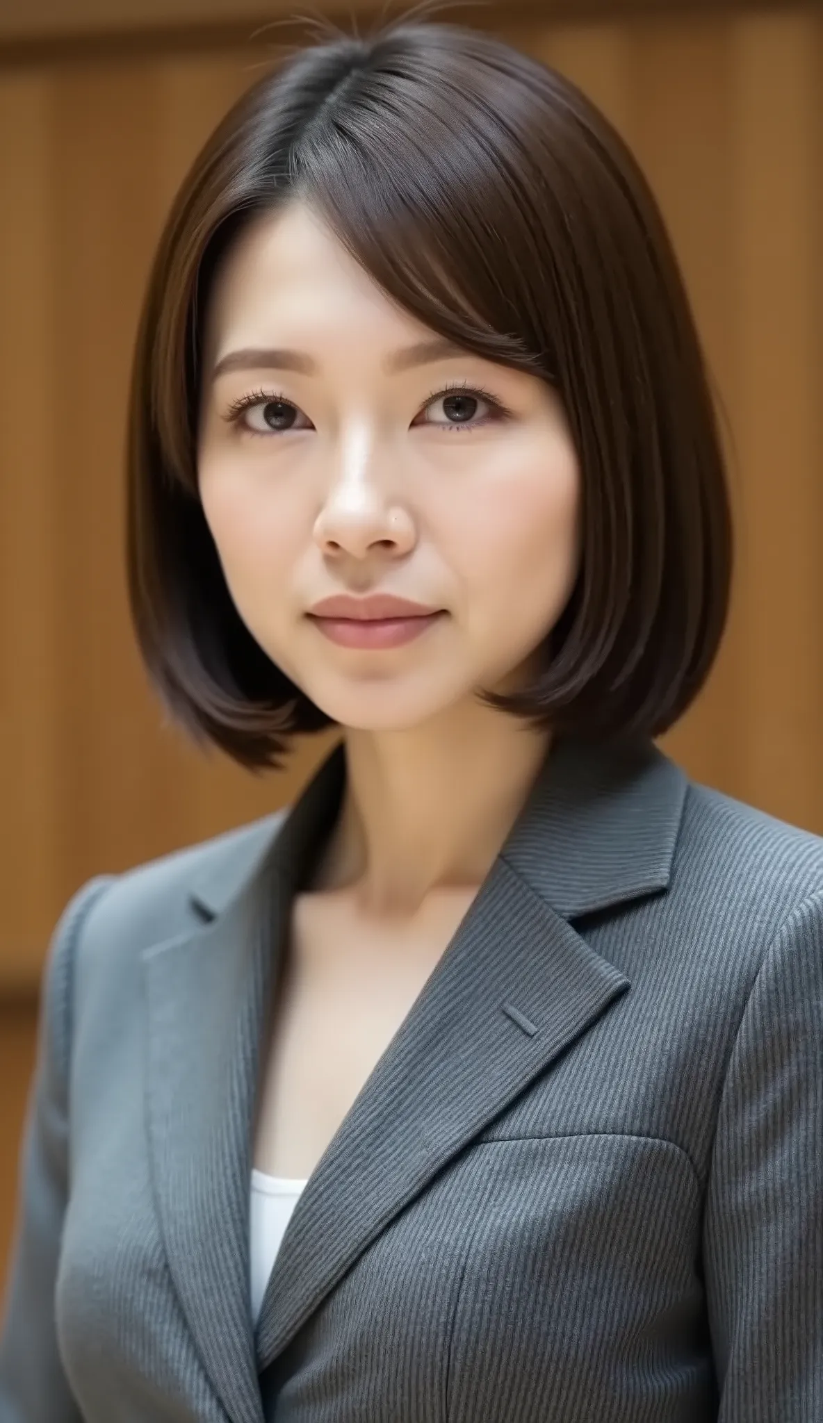 nsfw、From front、Japanese in a グレーcollarless suit、カメラ目線、35-year-old female minister、A-line bob(angled bob・inverted bob)、during regular press conference、(bust up shot:1.5)、、sexy expression。