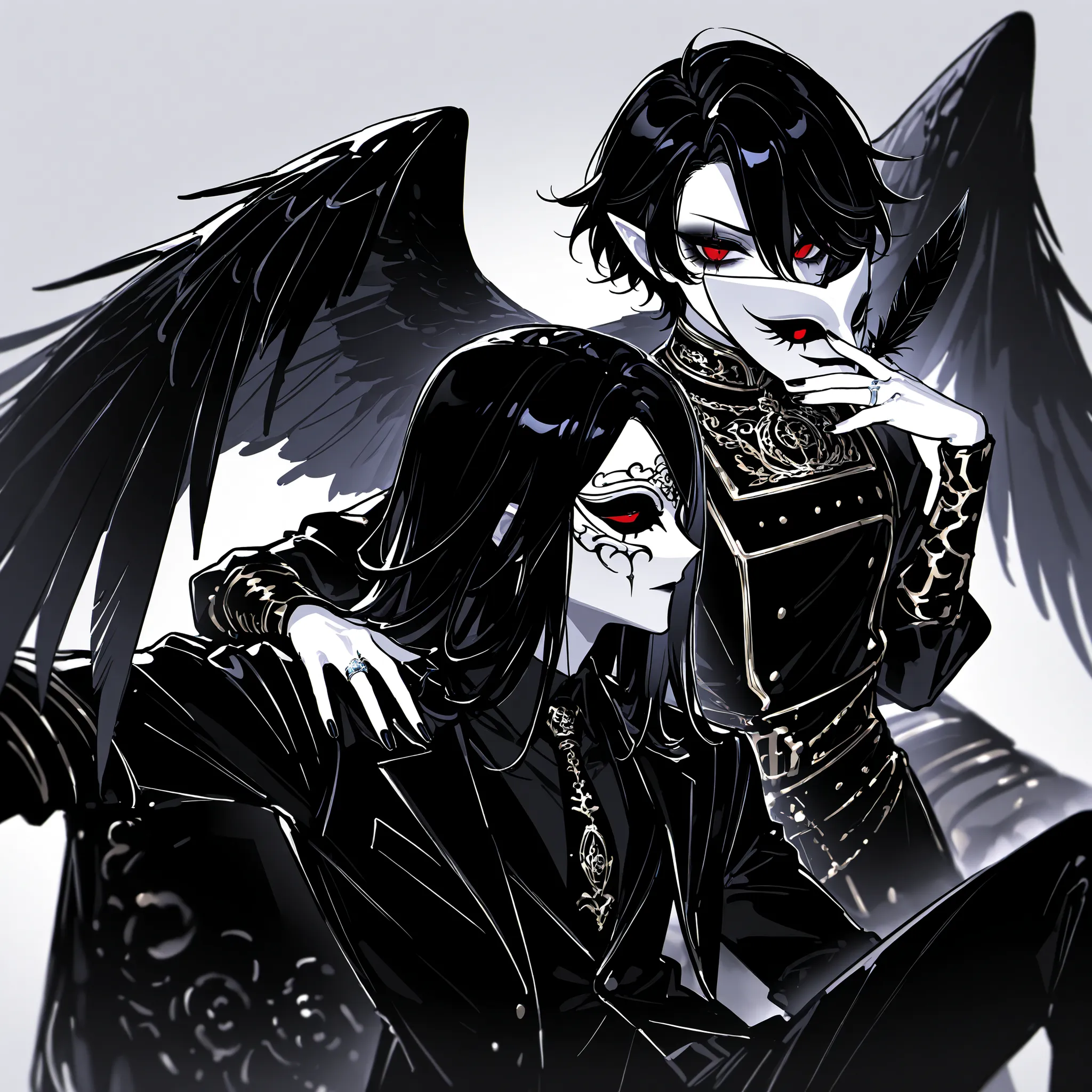 (white mask,xxx667_illu,) The crow beastman (MALE CHARACTER WITH MALE BODY TYPE). The tall mighty MIDDLE AGE MAN broad-shouldered with masculine features. He has white skin. He has dark makeup on his face in the form of a stripe in the eye area.  He has sh...