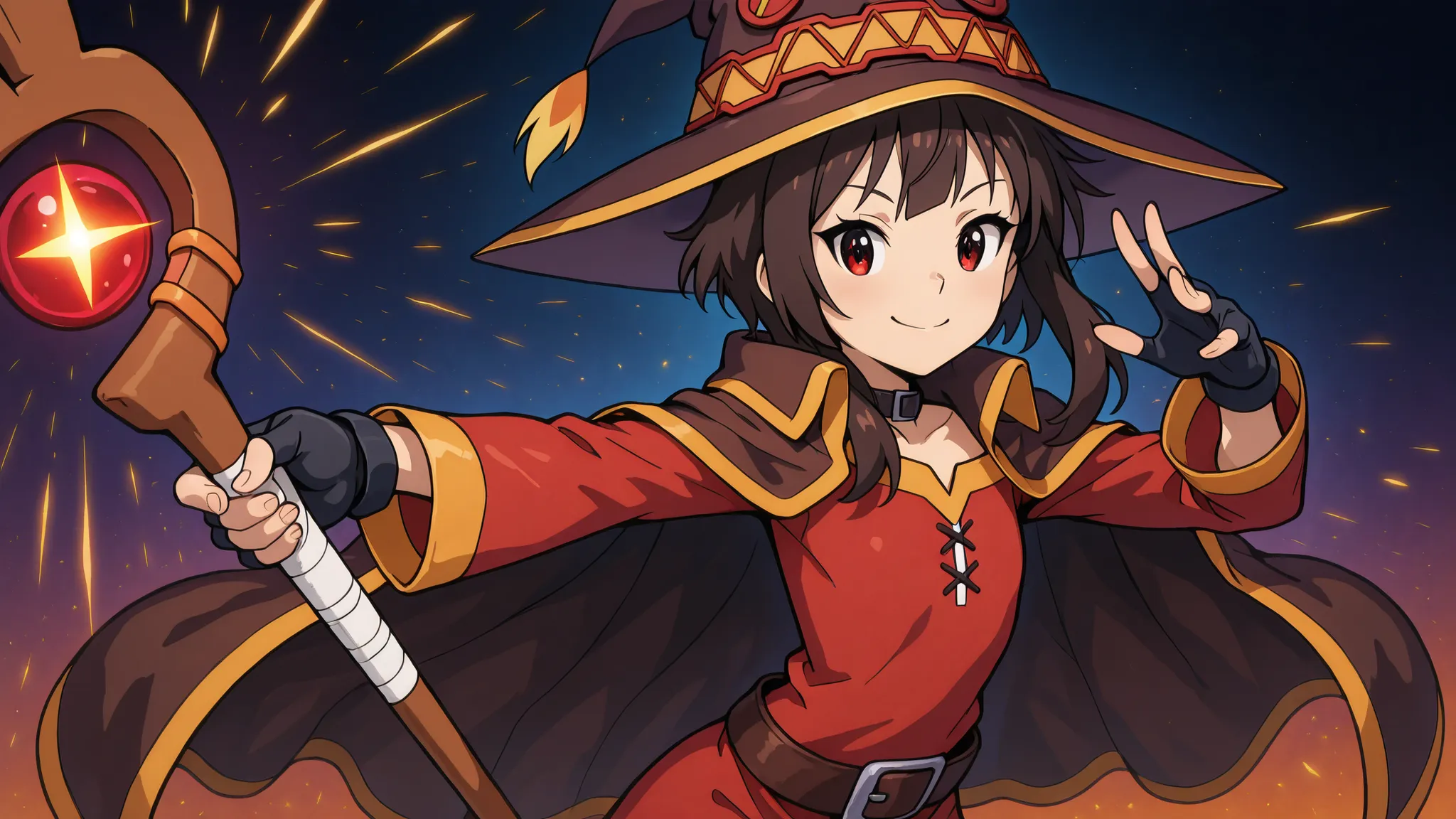 masterpiece, лучшее качество, 1 girl, One, eyelashes, (beautiful eyes), focus,    Шорты под юбкой We4resob4ck, "Silverkopf", flat chest, (skinny),    Megumin, One, looking at the viewer, smile, red eyes, black hair, short hair with long strands, gloves, wi...