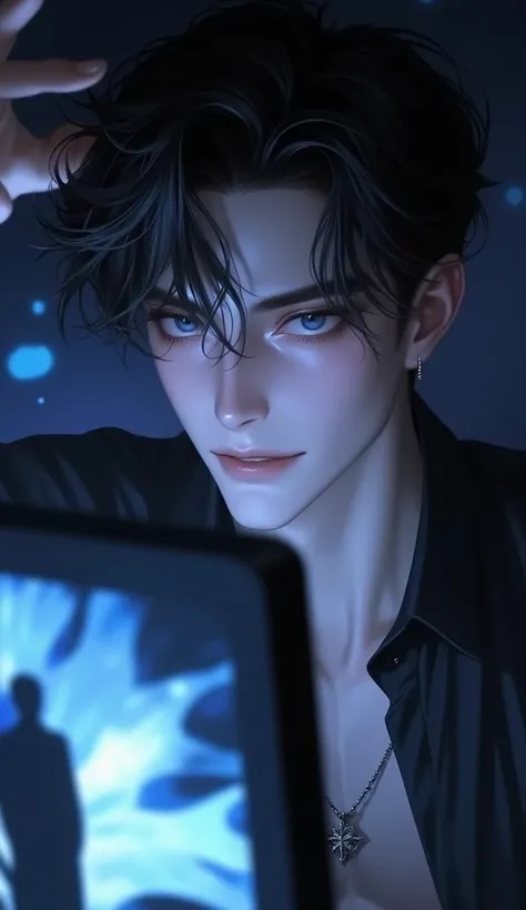 A young man is watching on the computer with a smirk.